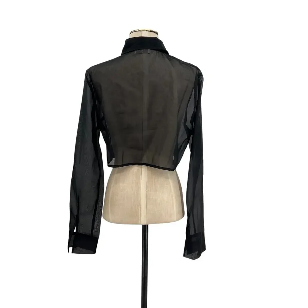 Meshki Elaina Sheer Button Up Cropped Shirt Black Organza Top Womens Size Small - Picture 7 of 9